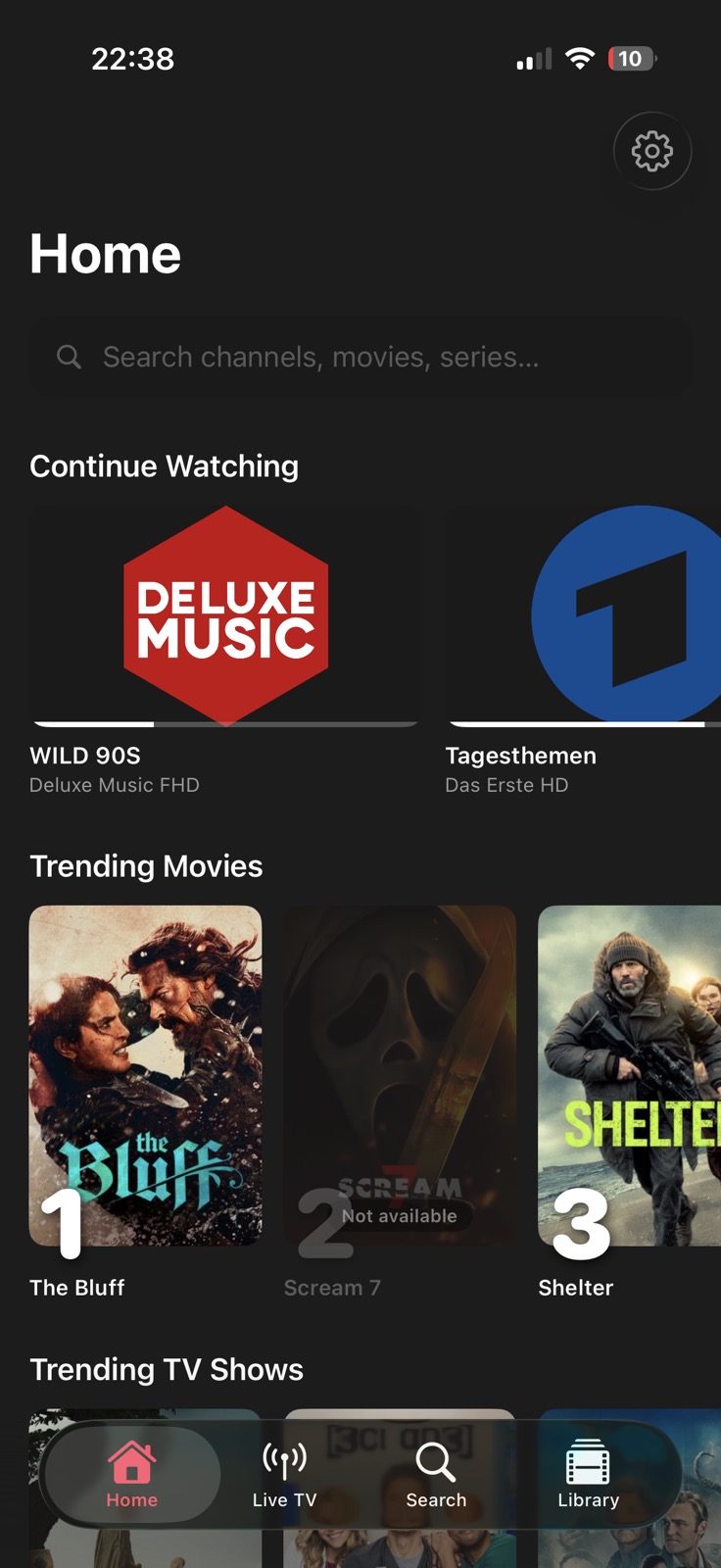 Home screen with trending content