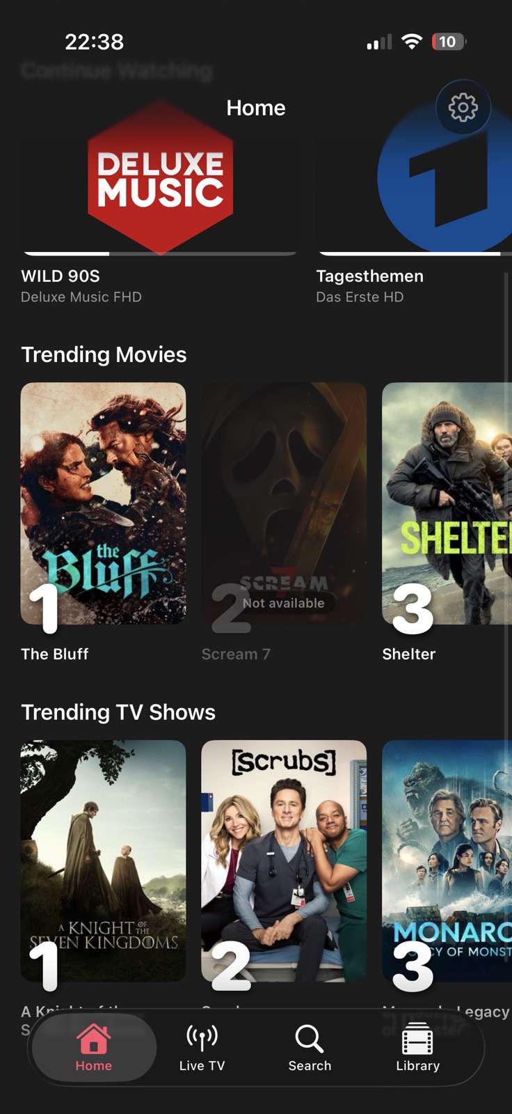 Home screen showing trending movies and TV shows